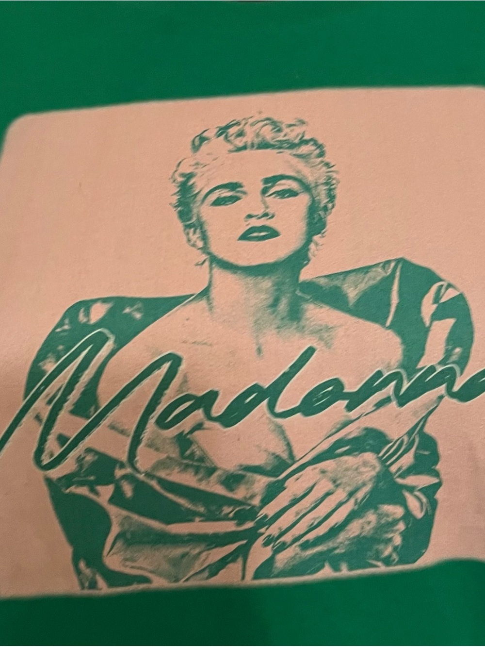 Retro Madonna “True Blue” Era T Shirt Green W/ Pink Graphic